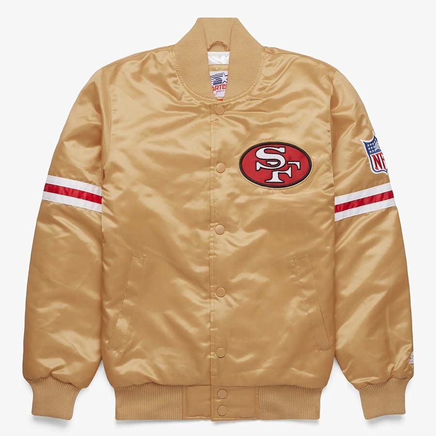 スターターNFL SF 49ERS サテンジャケット NFL 49ers スタジャン スターター x オマージュ バーシティ サテン